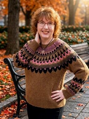 NWT XXL Womens Brown Fair Isle Crewneck Sweater with Pink & Black Accents